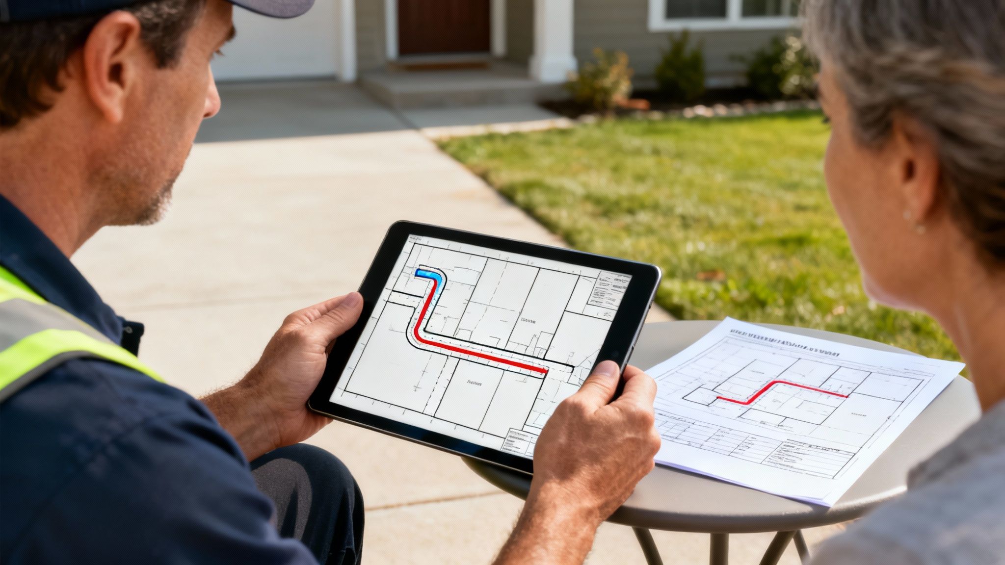 A technician shows a homeowner a digital floor plan with utility lines on a tablet.