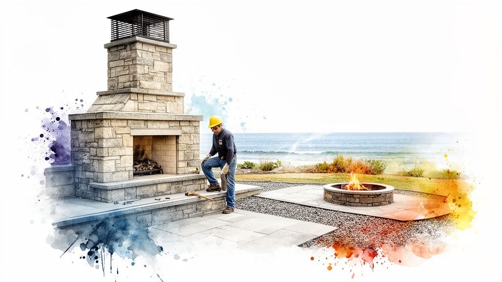 A man builds an outdoor stone fireplace and fire pit by the ocean, with colorful splashes.