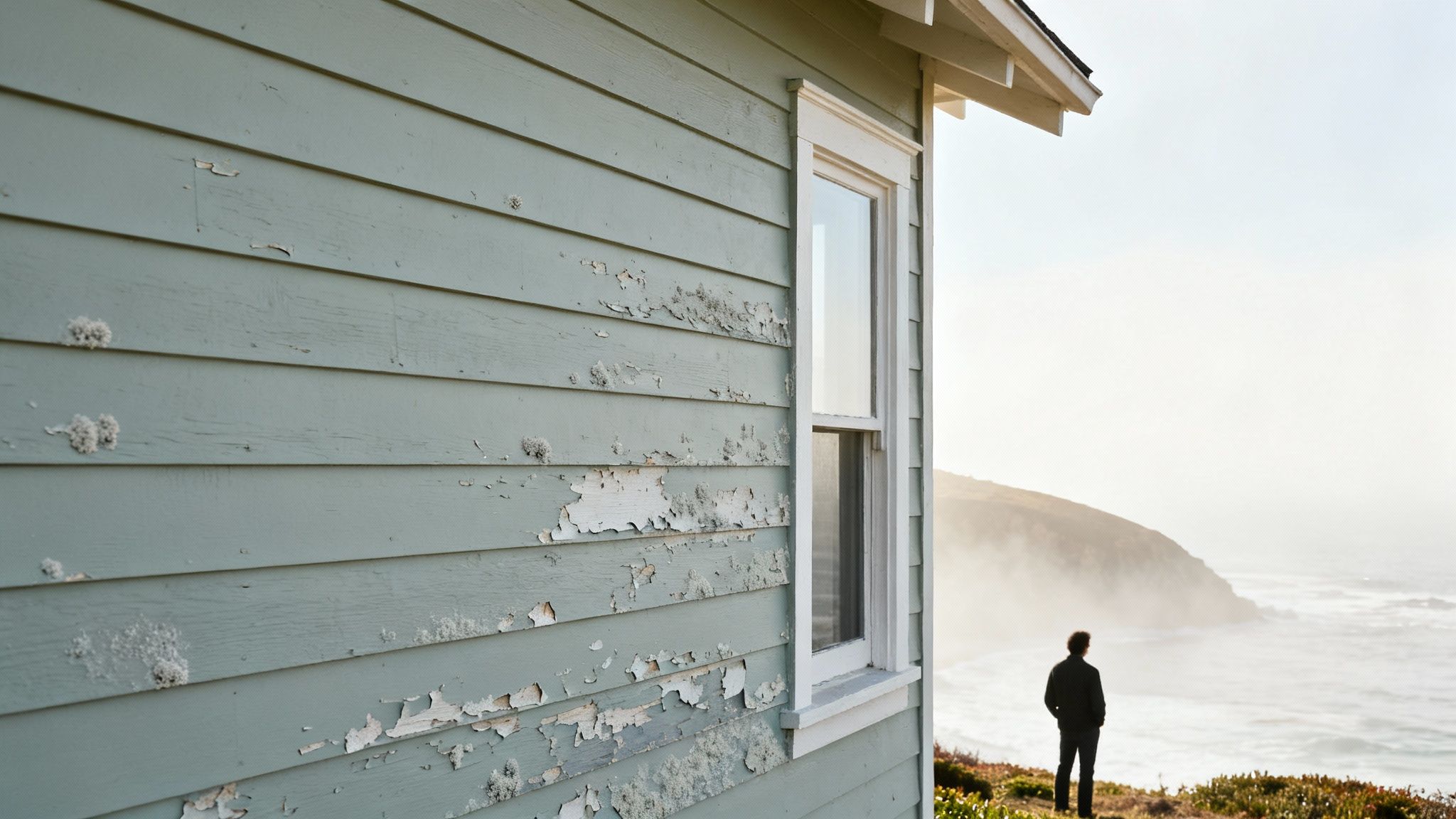 Side of a house with peeling green paint on a cliff overlooking the foggy ocean.