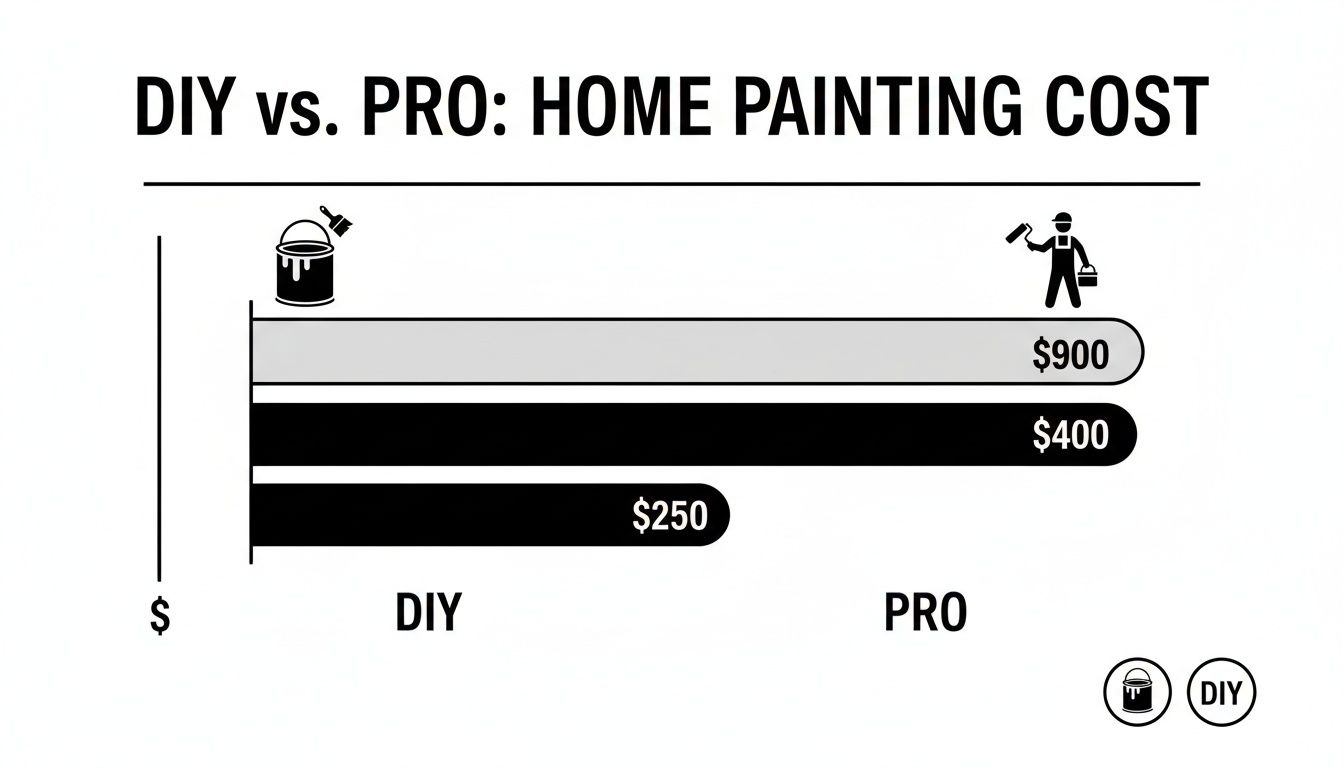 Bar chart comparing home painting costs for DIY ($250, $400) versus professional service ($900).