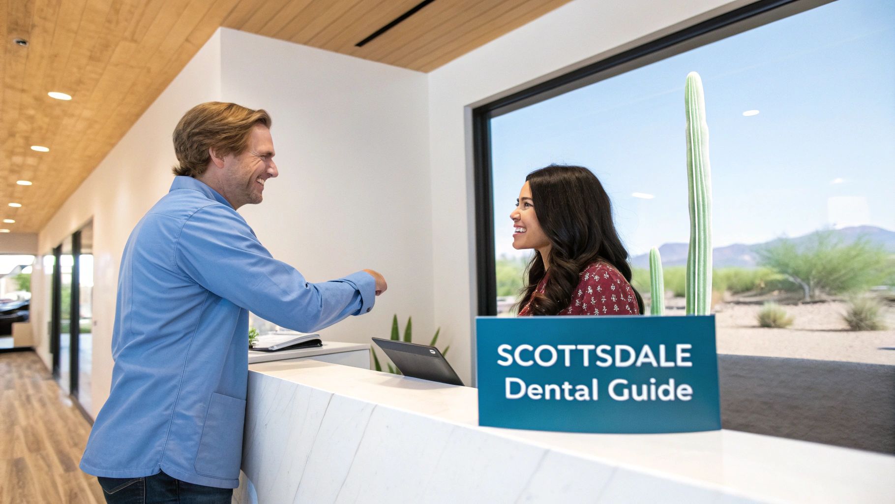 Smiling man interacting with a receptionist at a modern Scottsdale dental office, desert visible outside.
