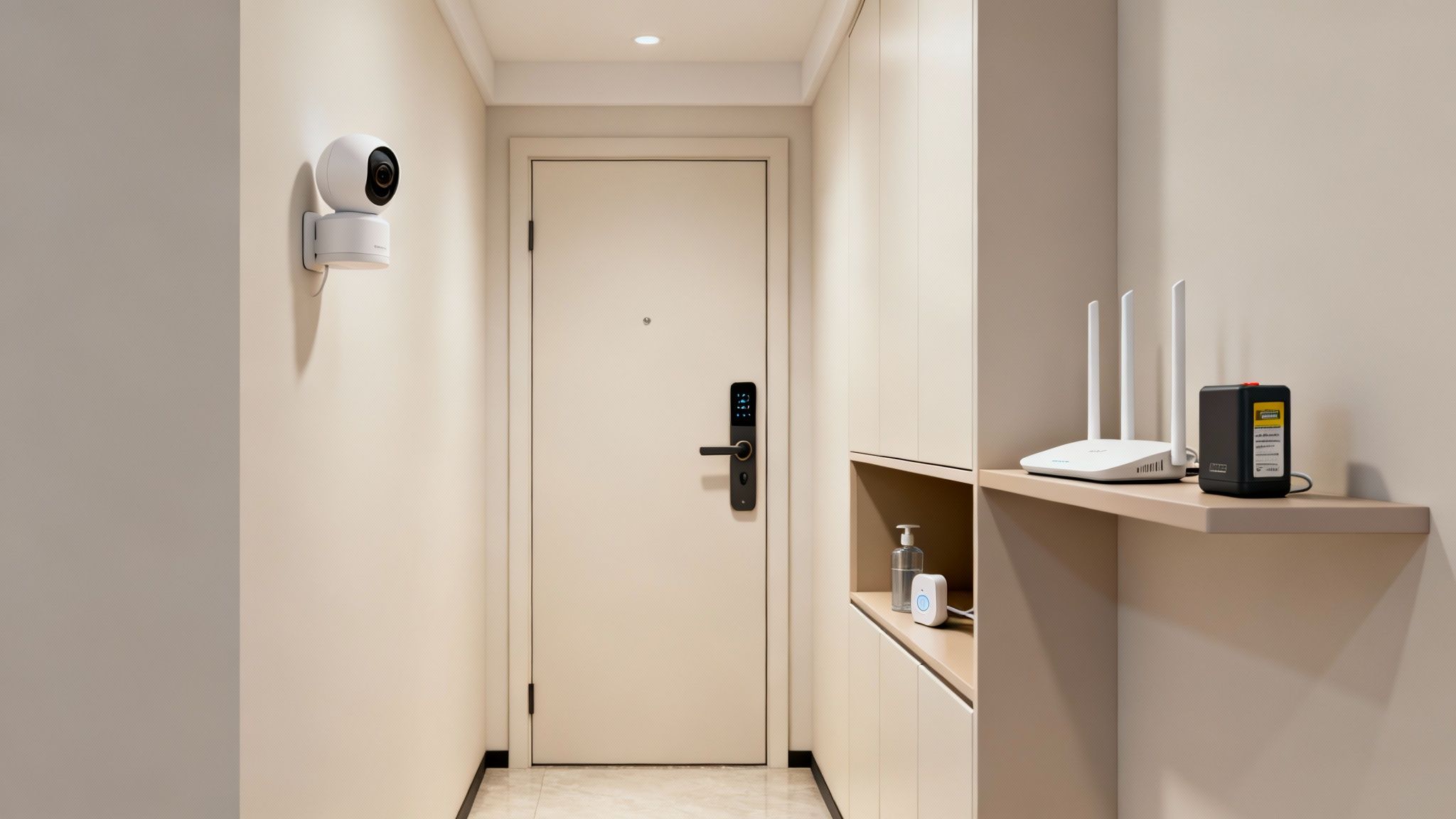 A modern entryway featuring various smart home devices like a security camera, smart lock, and Wi-Fi router.