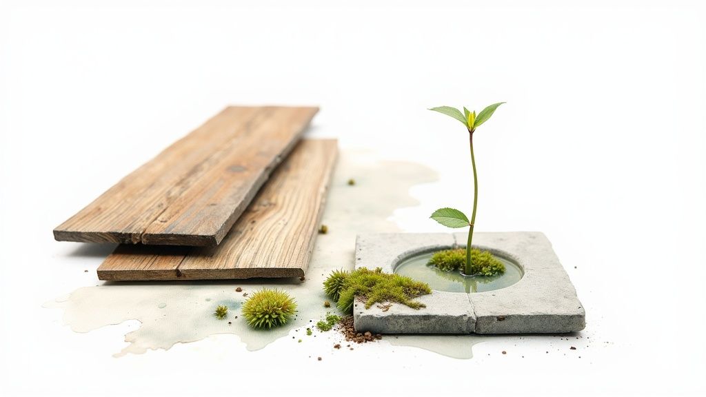 Minimalist display of wooden planks, a concrete planter with a green seedling, moss, and water.