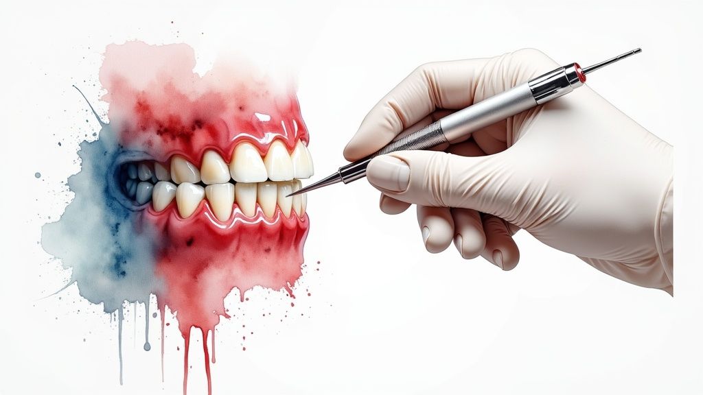 A gloved hand uses a dental tool to examine teeth with red, inflamed gums, depicted with a watercolor effect.