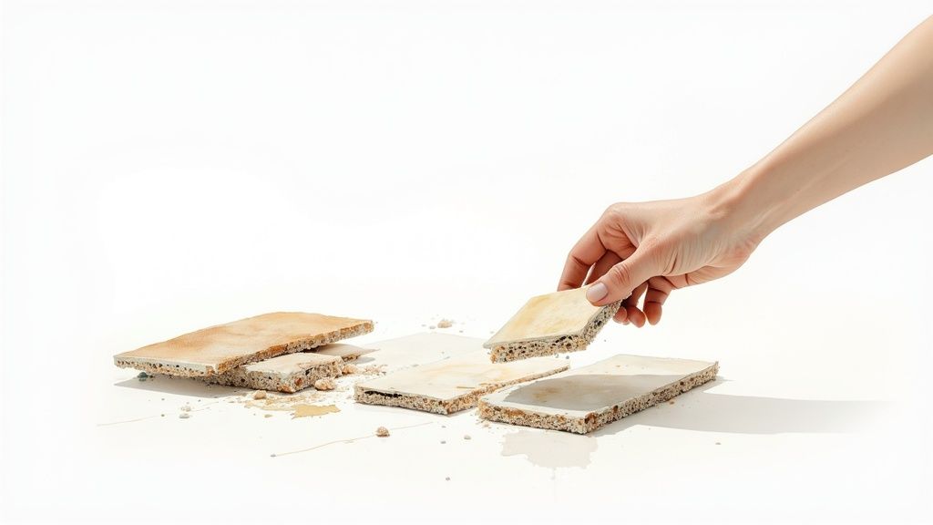 A hand lifts a broken piece of light-colored, layered material from scattered fragments.