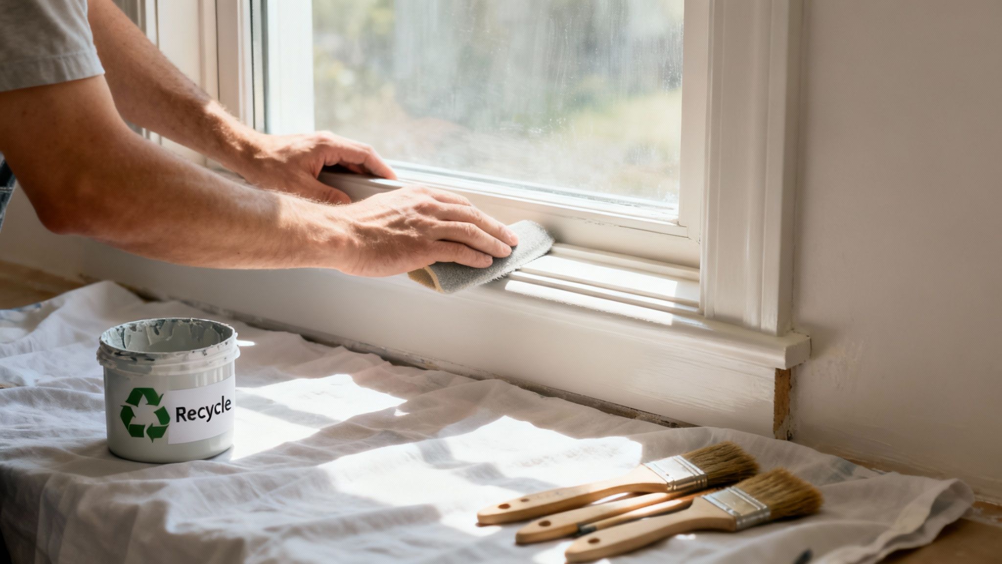 A person sands a white window frame, preparing for painting, with paint brushes and a 'Recycle' labeled paint can nearby.