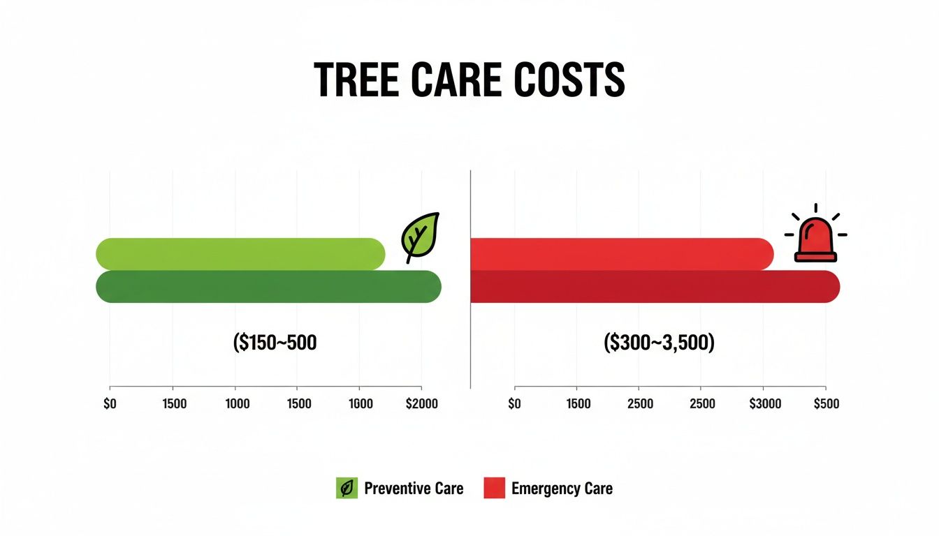 Bar chart comparing preventive tree care costs ($150-$500) to emergency tree care costs ($300-$3,500).