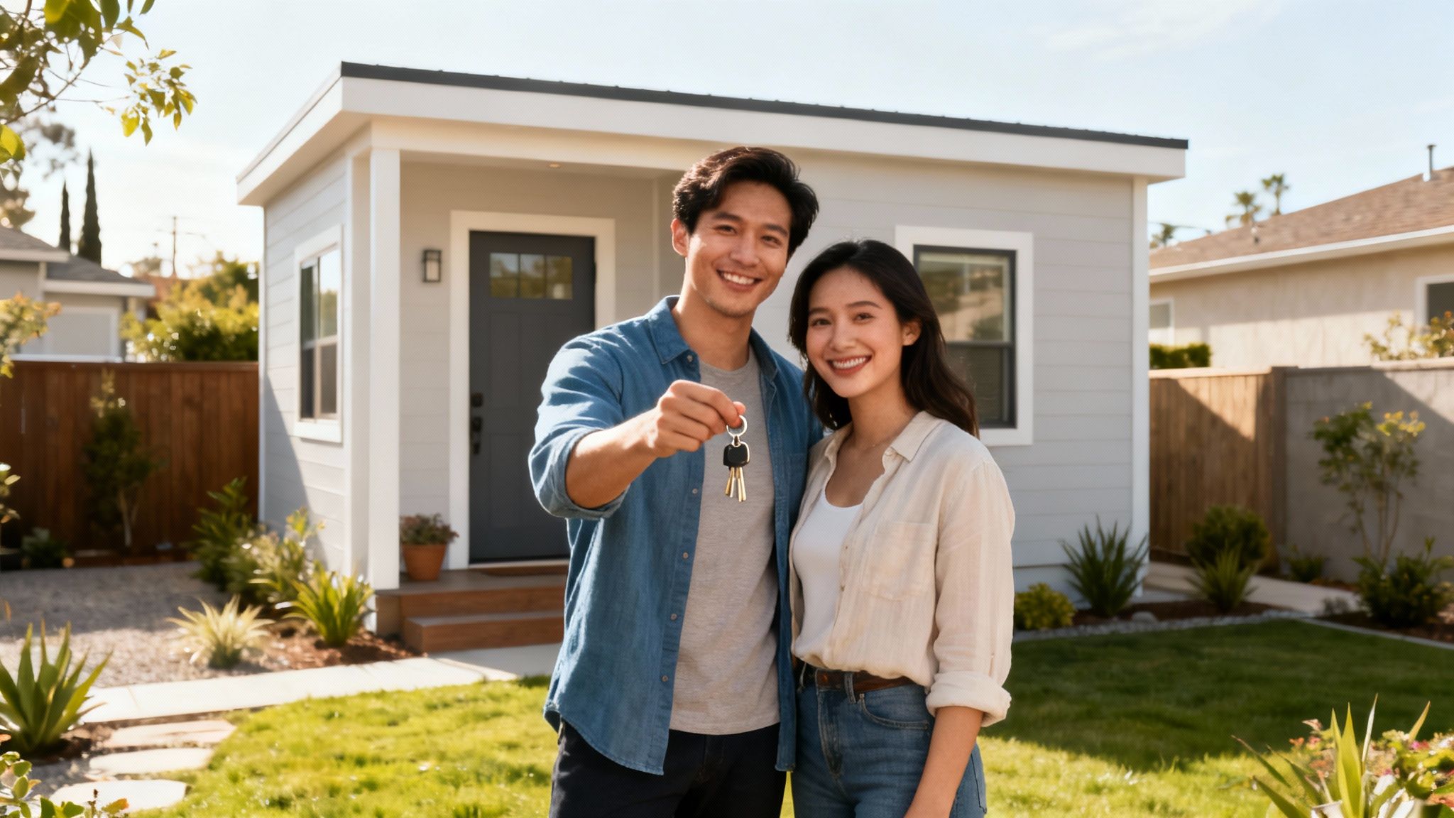 A smiling Asian couple holding house keys in front of their new modern home.
