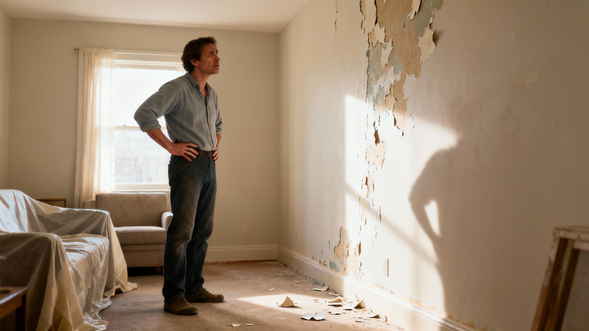 A man stands in in a room with peeling paint on a wall, inspecting the damage.
