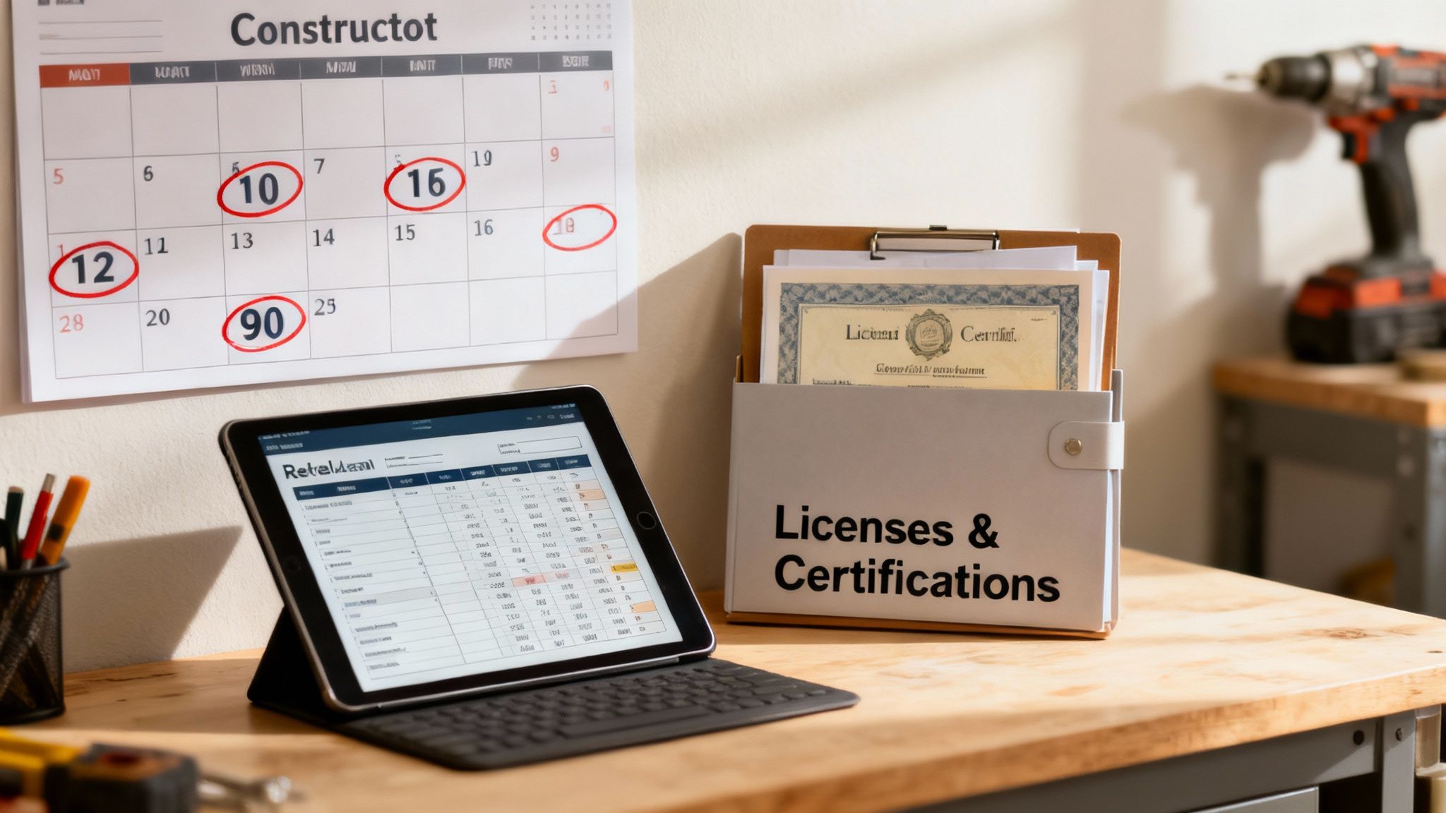 A detailed view of a construction professional's organized desk with a calendar, tablet, and certification documents.