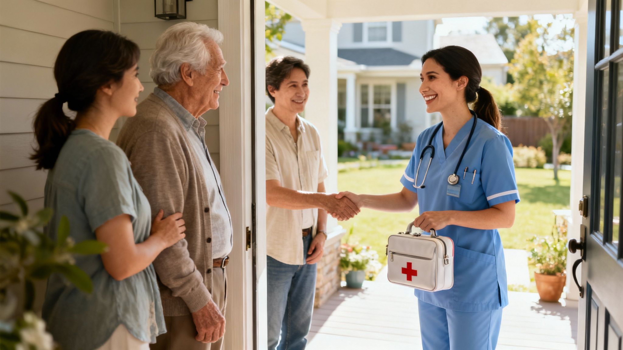 A smiling nurse with a first aid kit greets an elderly man and his family at their home.