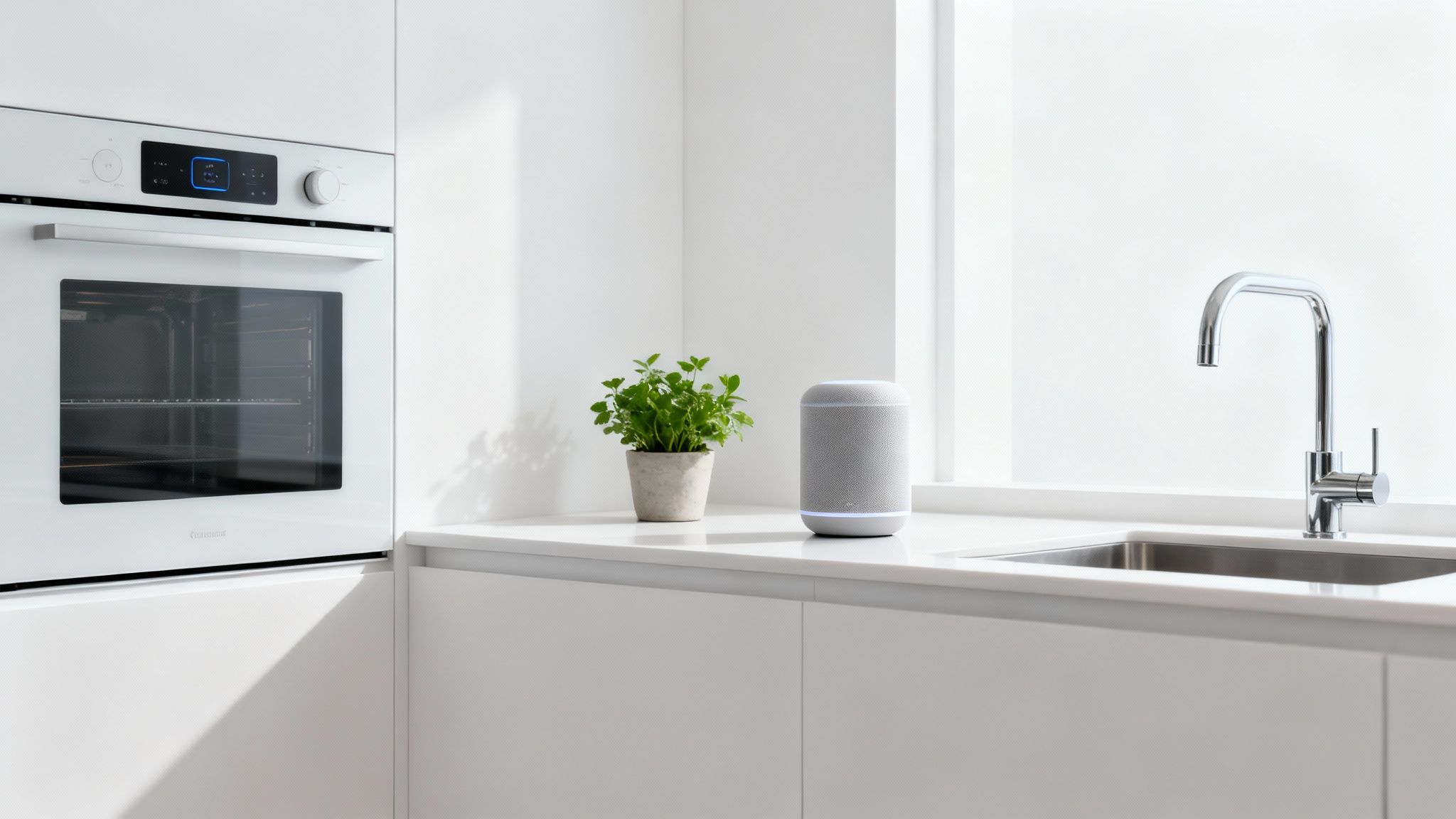 A minimalist white kitchen with a built-in oven, green plant, smart speaker, and sink.
