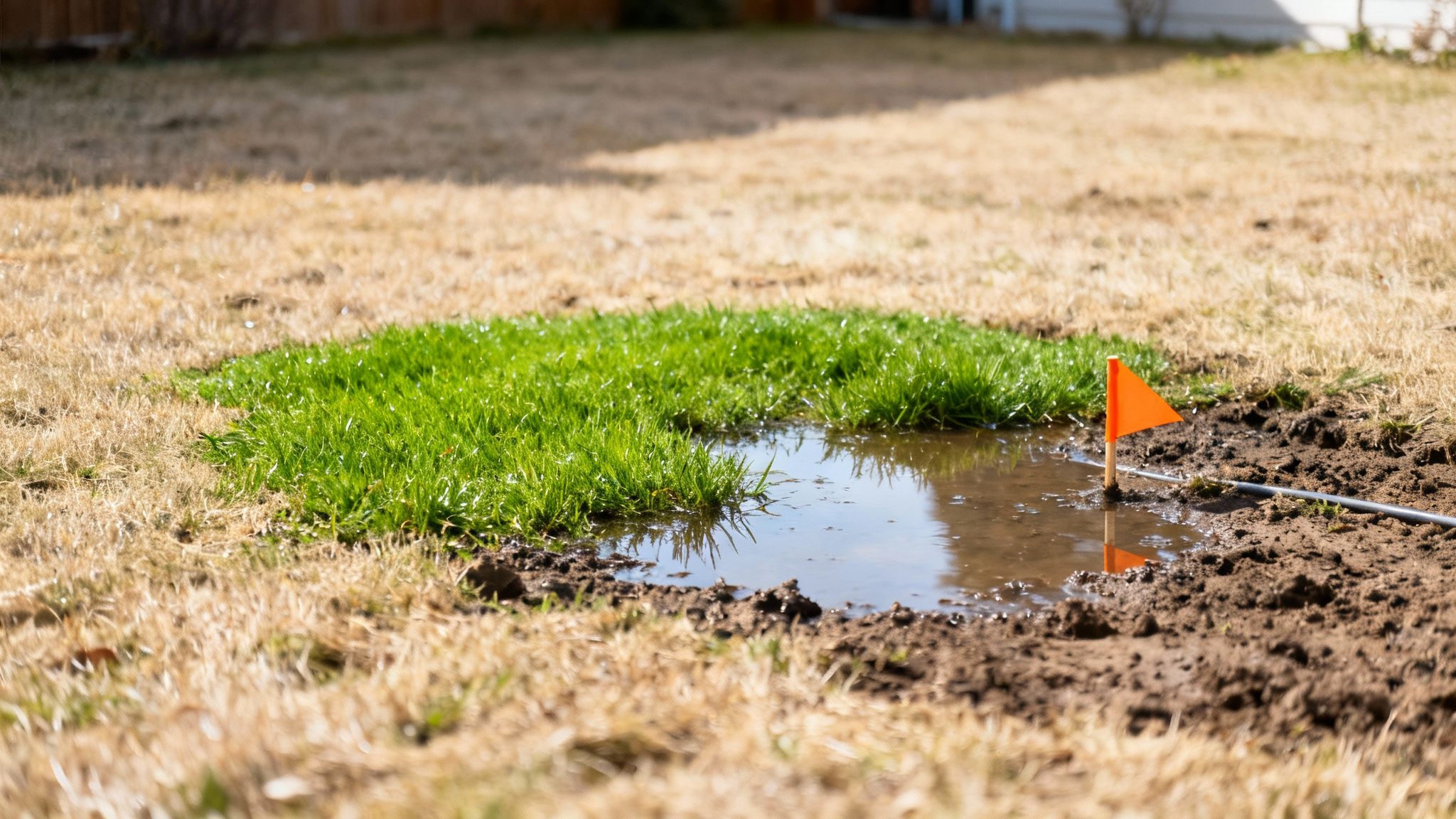 A bright green patch of grass grows in a muddy puddle, marked by an orange flag, surrounded by dry lawn.