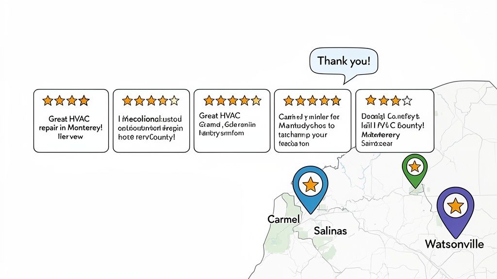 Map showing customer reviews for HVAC services in Monterey, Carmel, Salinas, and Watsonville.