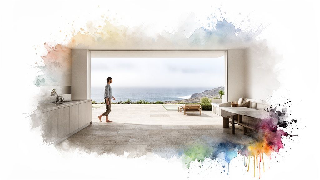 A man walks barefoot on a tiled floor towards a vast ocean view, framed by colorful watercolor splashes.