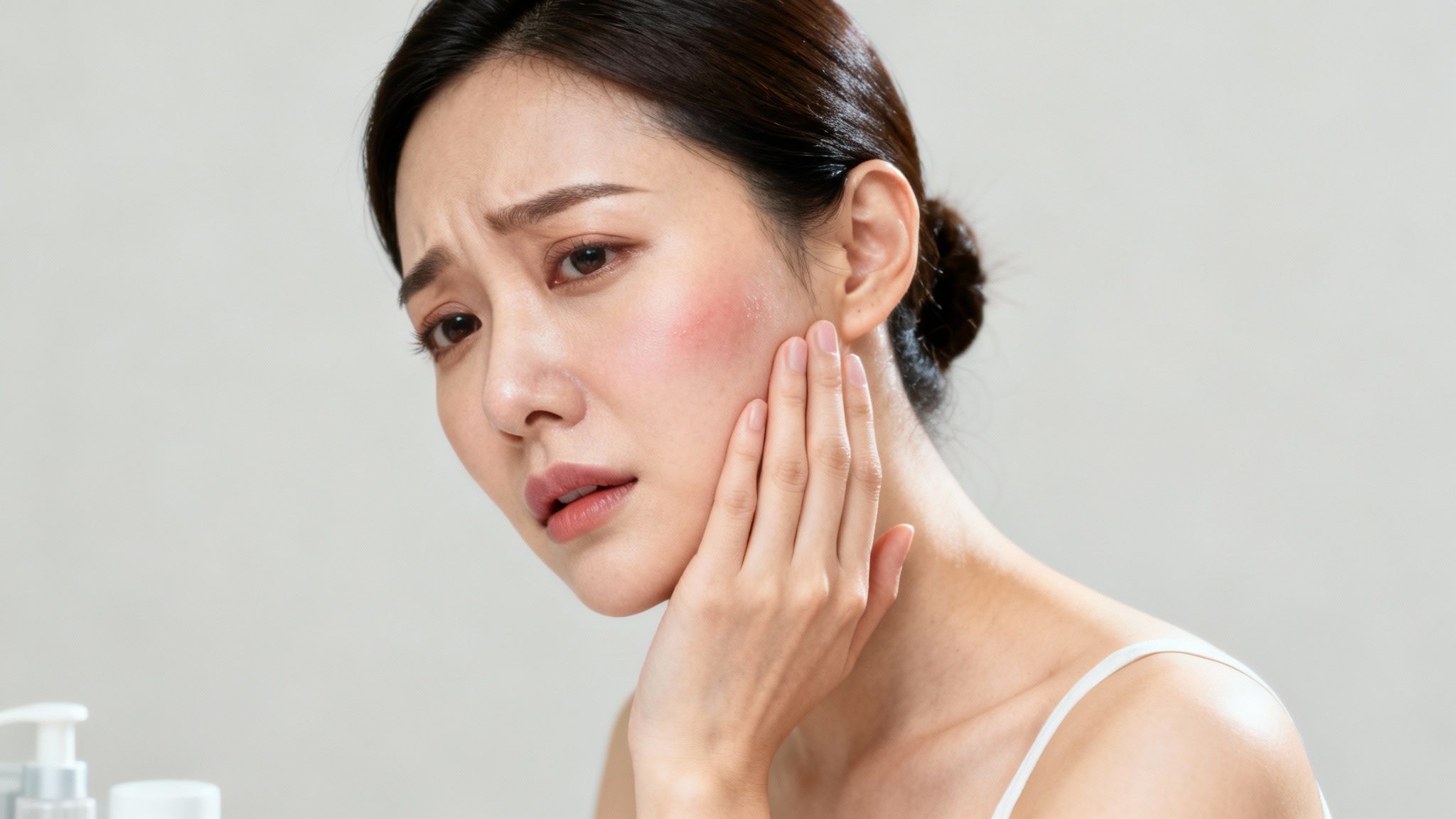 A distressed woman touches her flushed, irritated cheek, suggesting discomfort or a toothache.