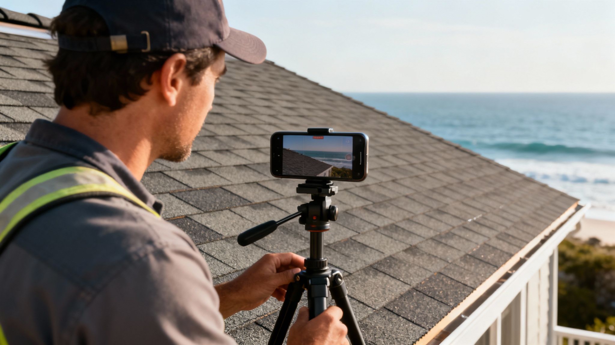 A person recording a video on their smartphone, showcasing building materials in a bright, modern showroom.