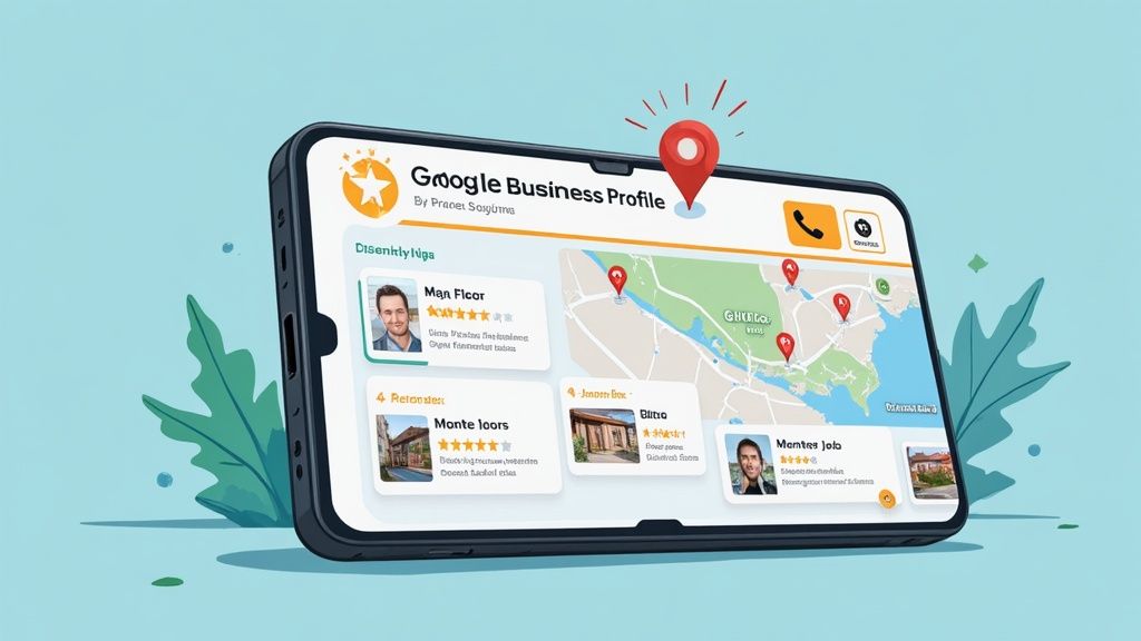 A contractor using a tablet to manage their Google Business Profile, with a map of the Monterey Bay area in the background.