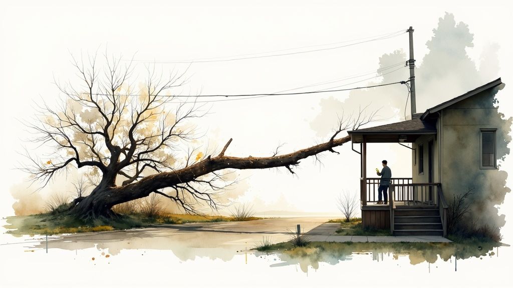 A large fallen tree branch extends to a house where a man stands on the porch.