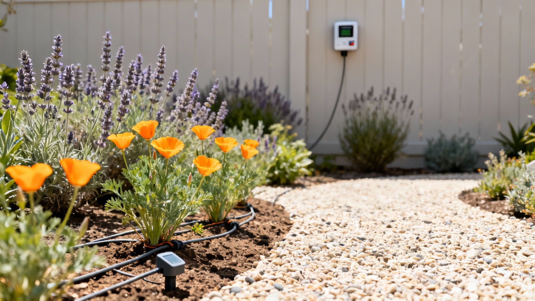 5 Smart Remodeling Trends for Bay Area Homes in 2026 1 A smart irrigation system waters vibrant orange poppies and purple lavender in a sunny garden with a gravel path.