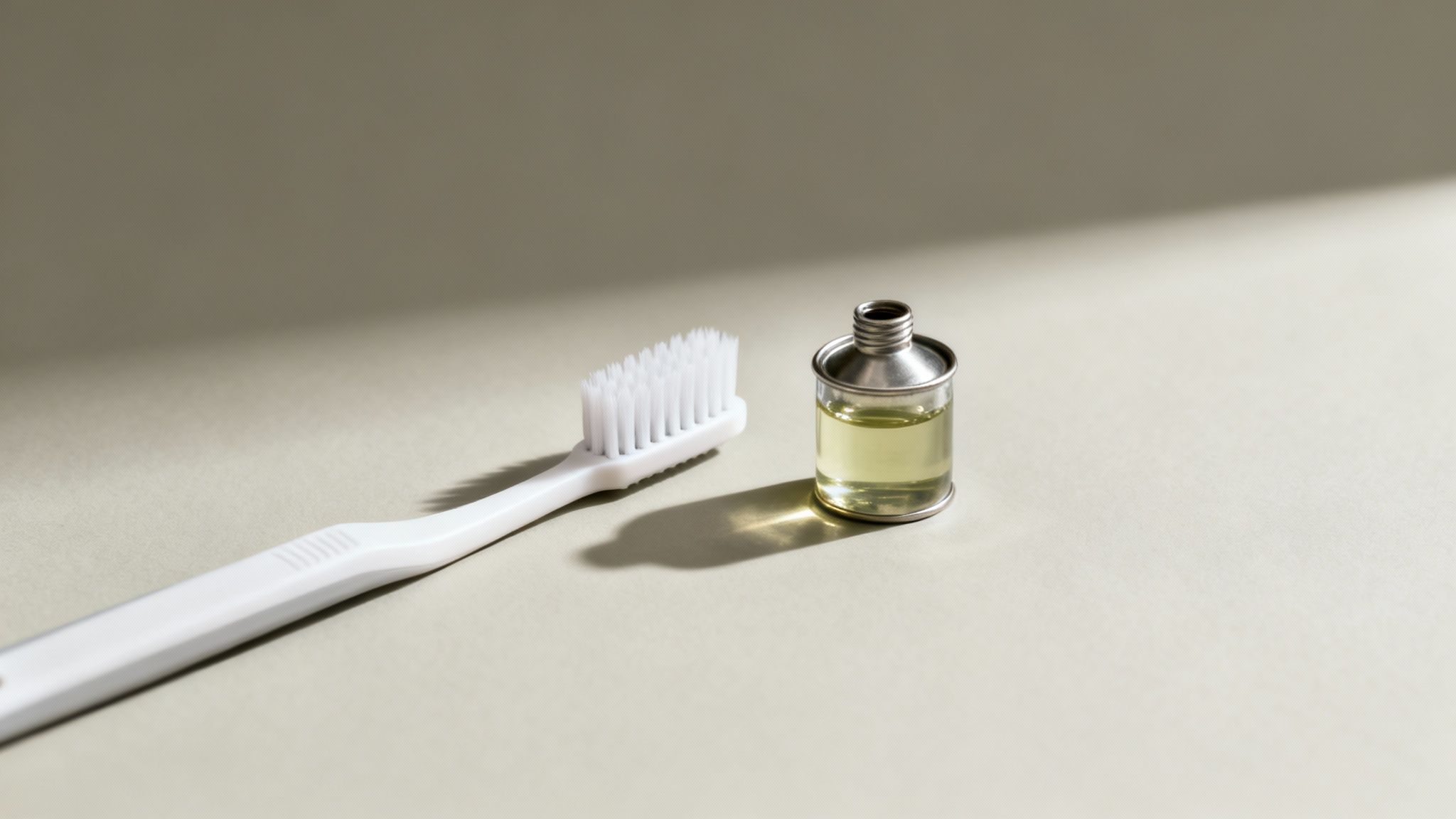 A white toothbrush and a small metal bottle with yellow liquid for dental care on a light beige surface.