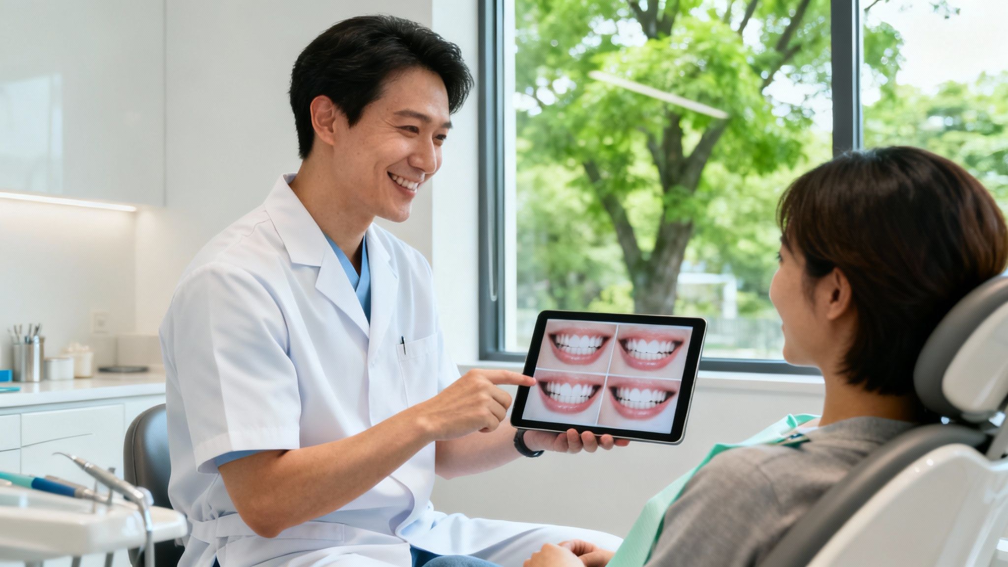 Smiling dentist showing various smile solution options on a tablet to a female patient.