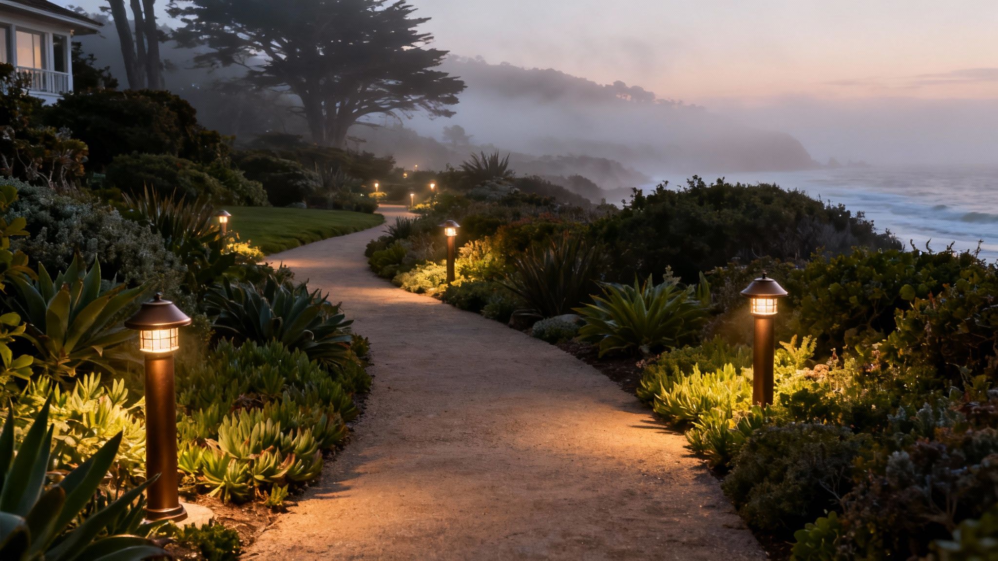 A beautifully lit garden path with Hinkley outdoor fixtures highlighting the lush greenery and architectural details of a Central Coast home.
