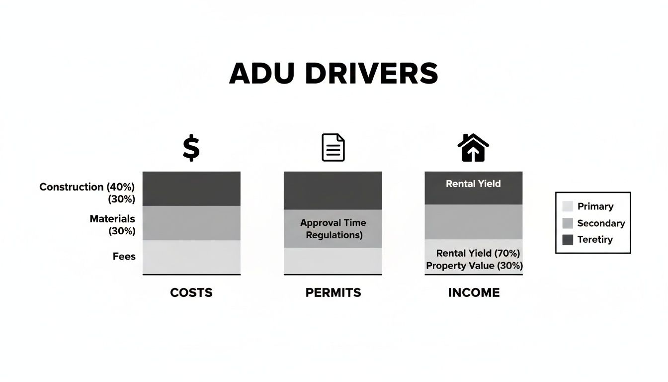 A chart illustrating ADU project drivers, showing breakdowns for costs, permits, and income.