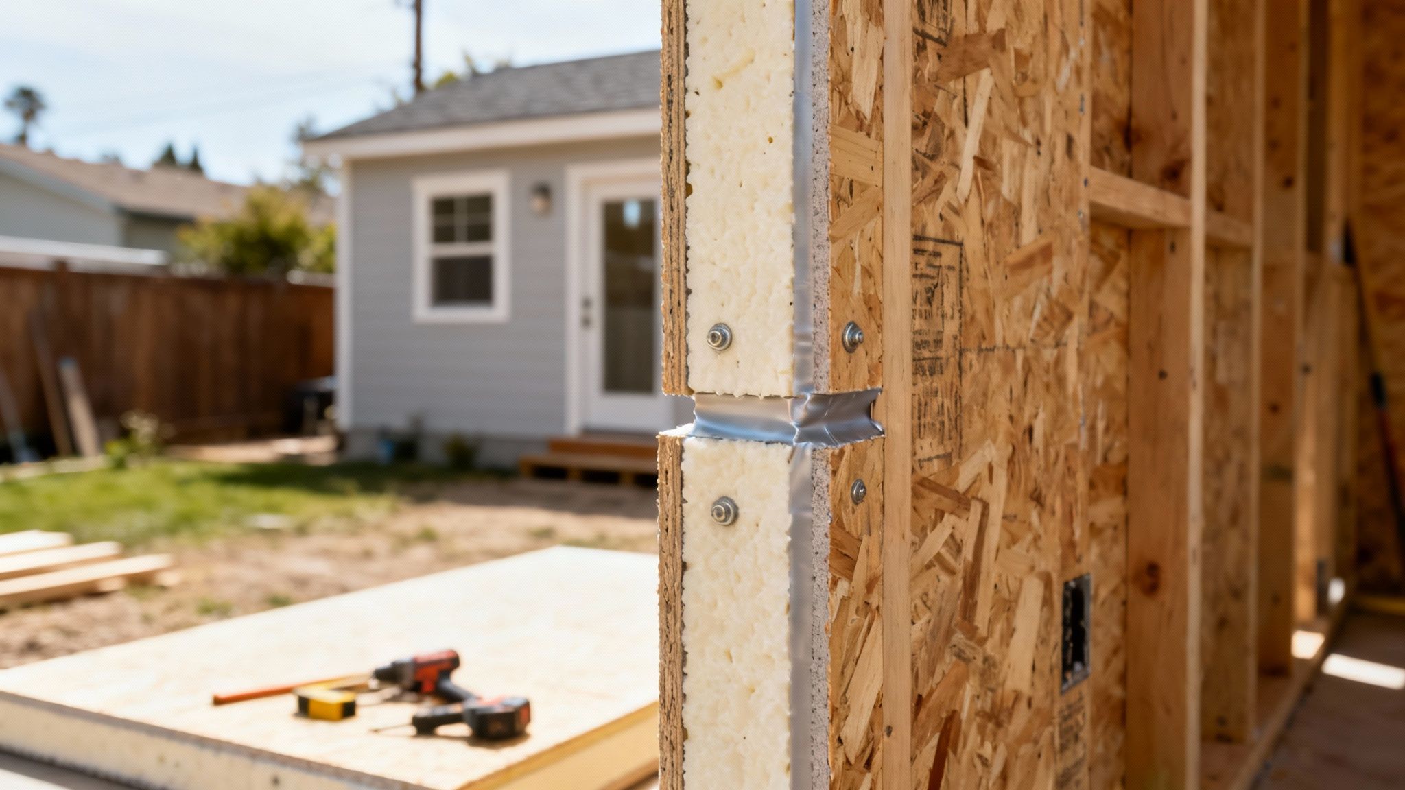 Construction site showing wooden framing and metal connectors for energy-efficient ADU backyard home building