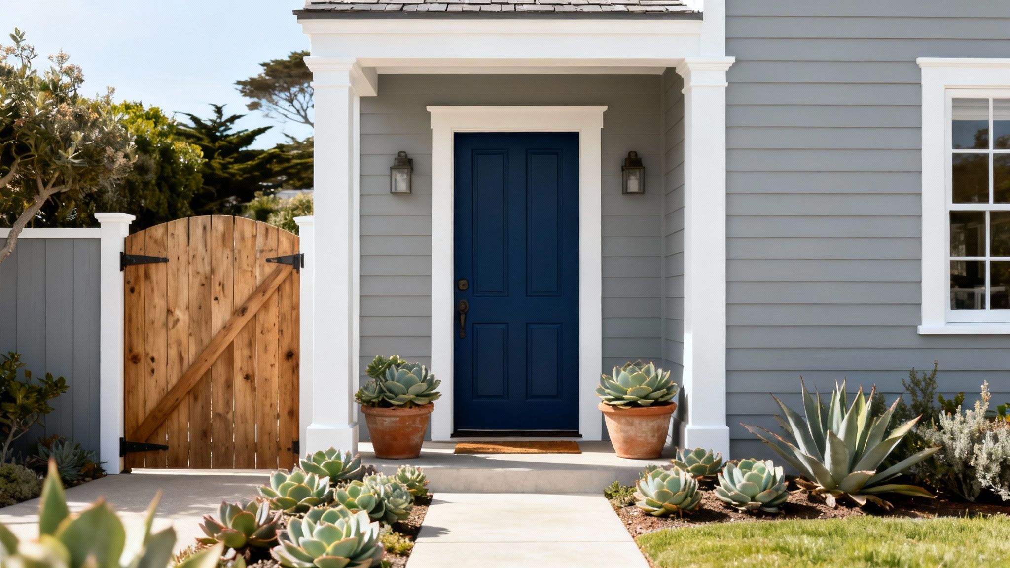 A welcoming front entrance featuring a deep blue door on a grey house, flanked by potted succulents and a wooden gate.