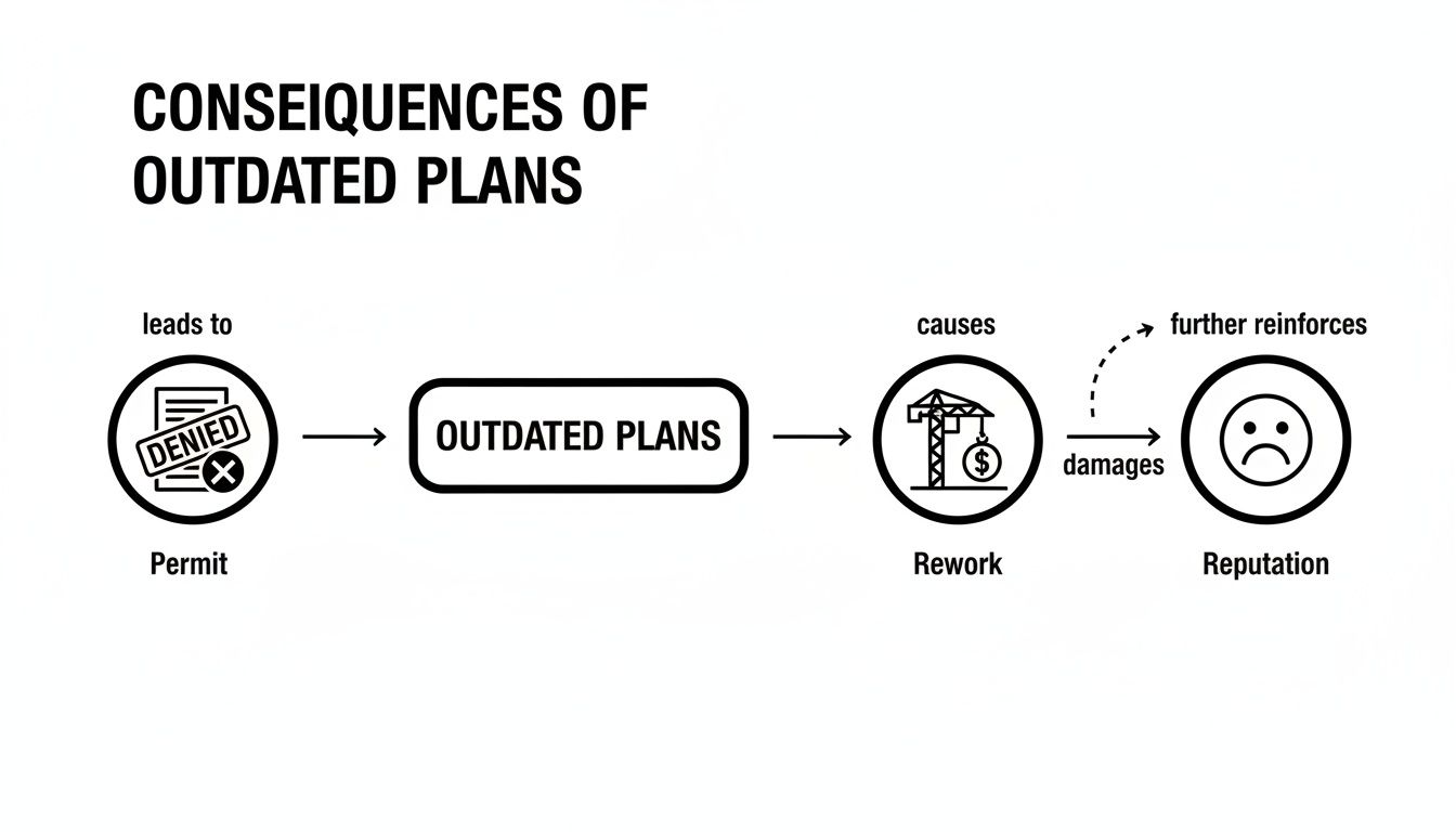 Flowchart showing outdated plans lead to denied permits, causing rework, and damaging reputation.