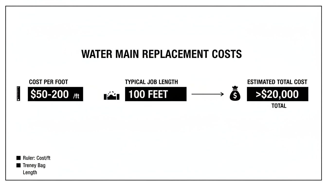 Infographic on water main replacement costs, showing $50-200 per foot for a 100-foot job, totaling over $20,000.