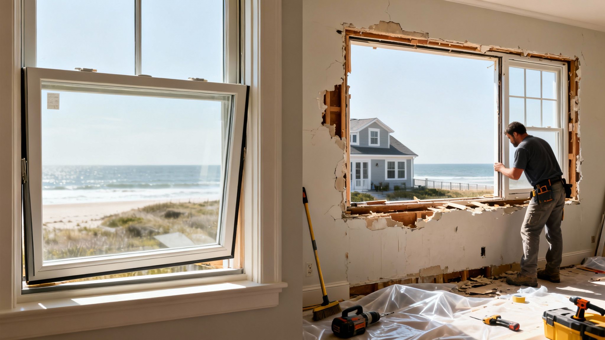 A man installing a new window in a home, with a beautiful ocean and beach view.