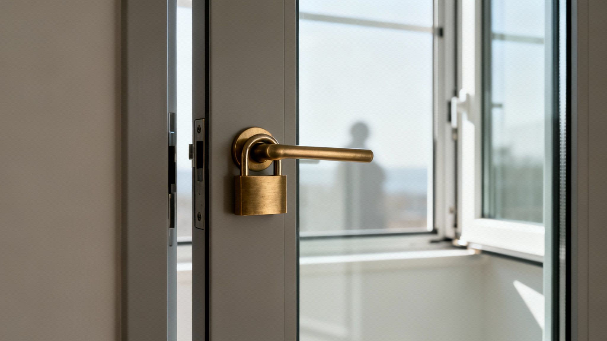 A brass padlock secures a door handle on a partially open door, with a bright window visible.