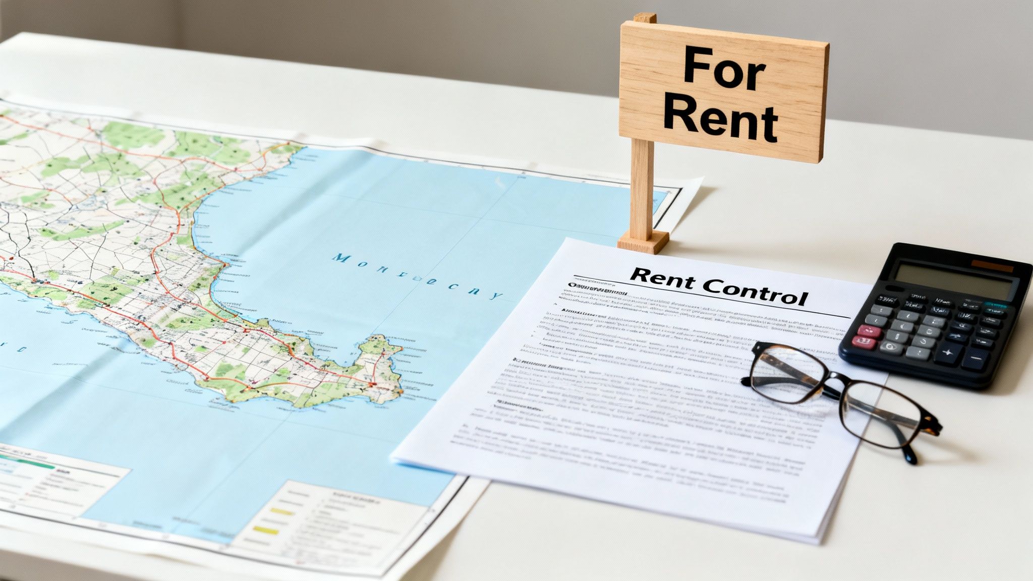 A desk with a 'For Rent' sign, a map, a 'Rent Control' document, calculator, and glasses, symbolizing property rental.