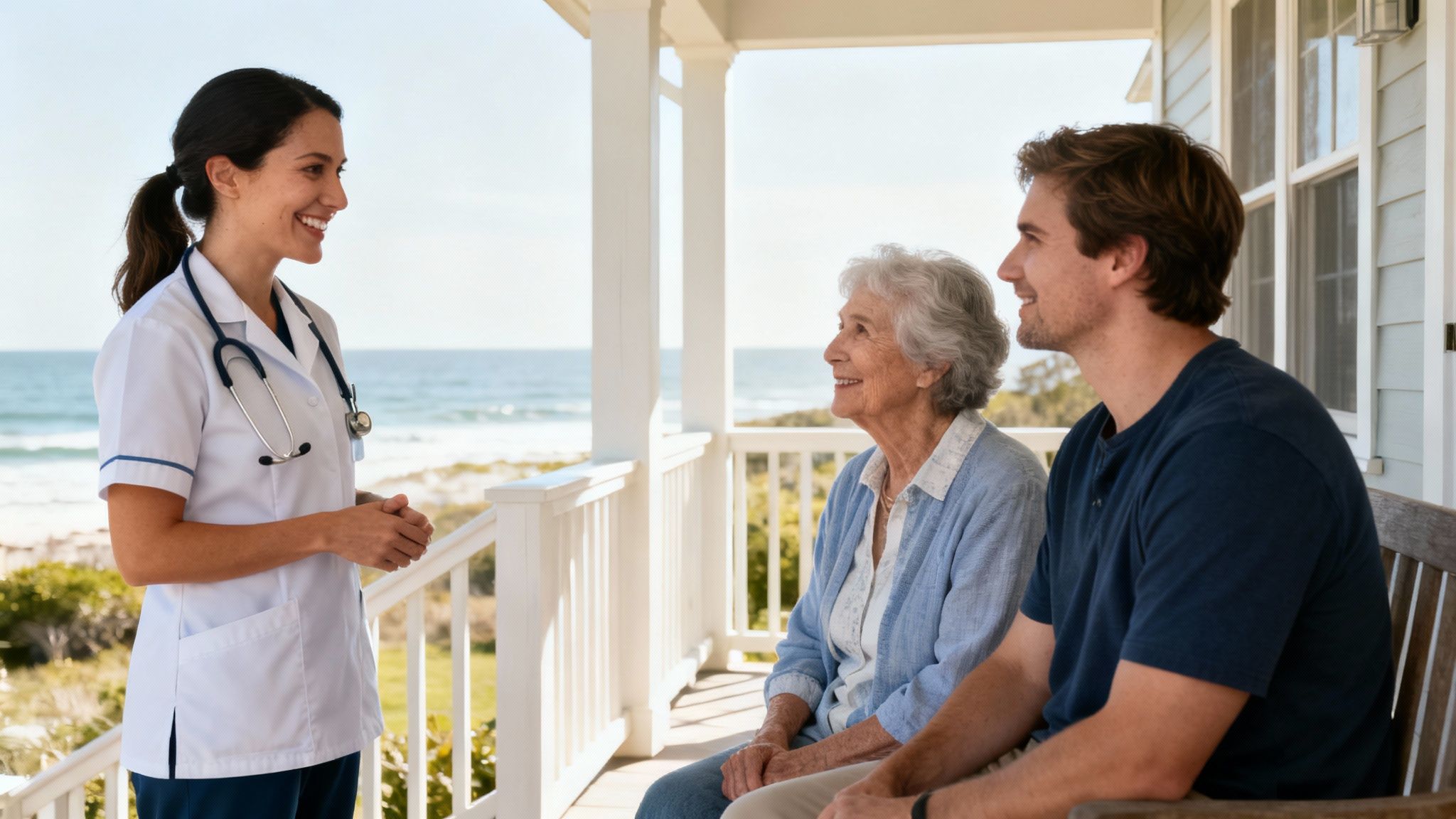 A smiling nurse talks to an elderly woman and a younger man on a beach house porch.