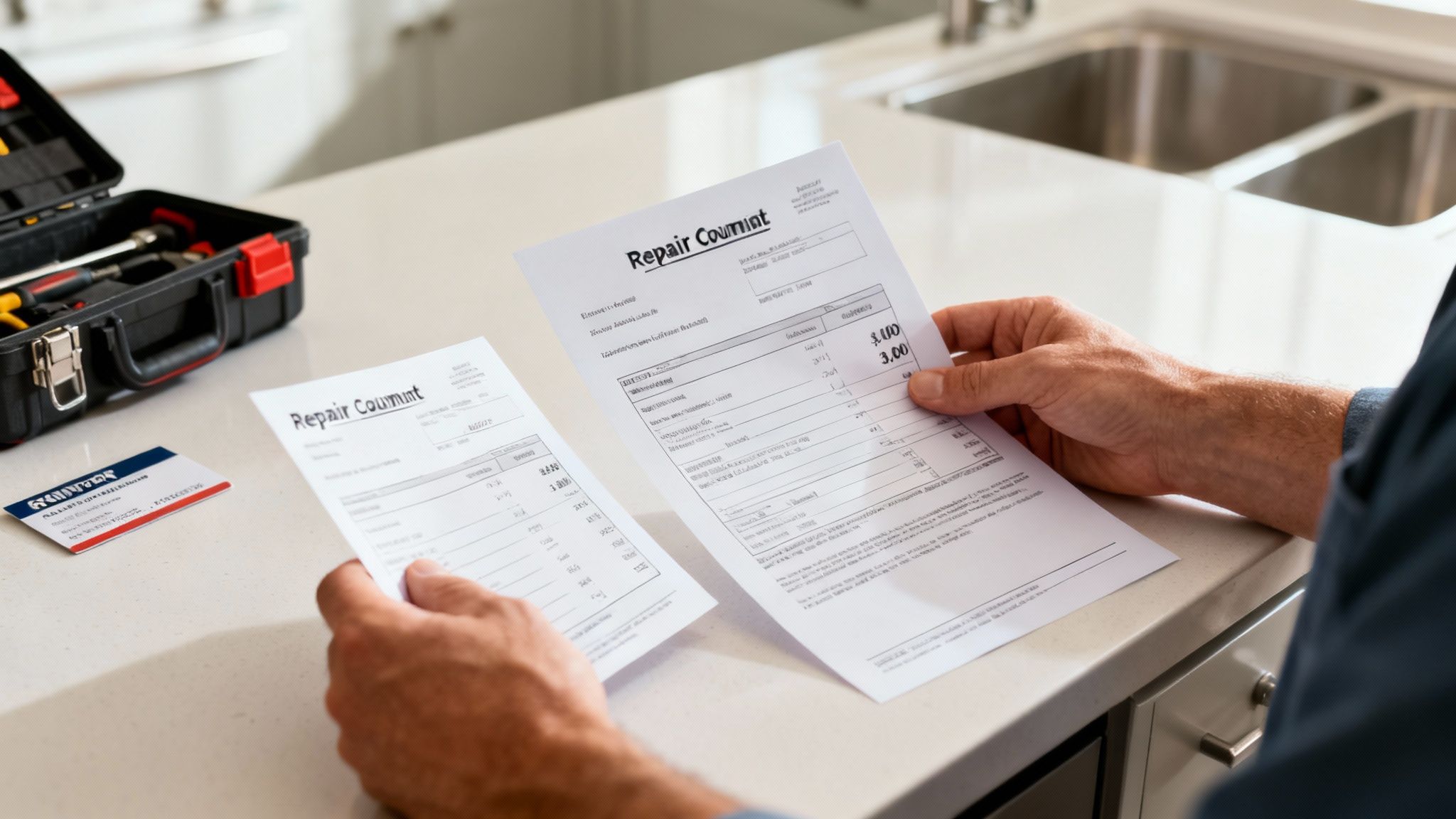Close-up of a person reviewing two repair documents on a kitchen counter next to a toolbox and business card.