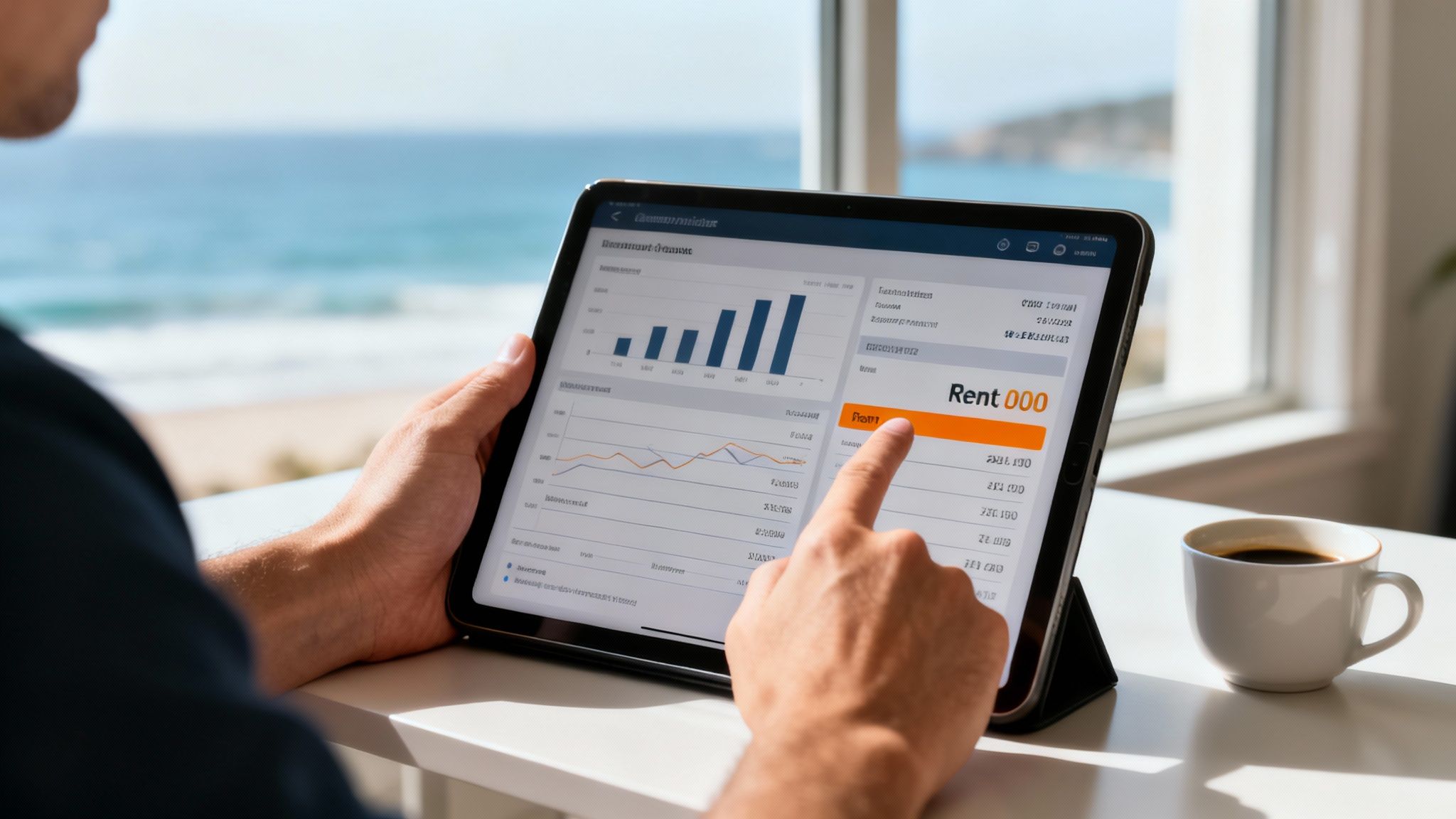 A person's hands interacting with a tablet displaying financial charts and data, with a sea view.