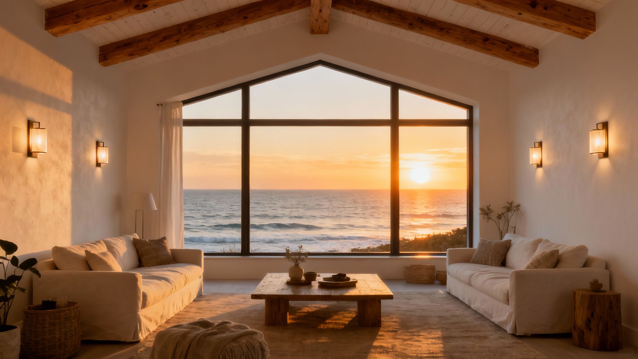 A person using a smartphone to control the color and brightness of smart LED lights in a modern living room.