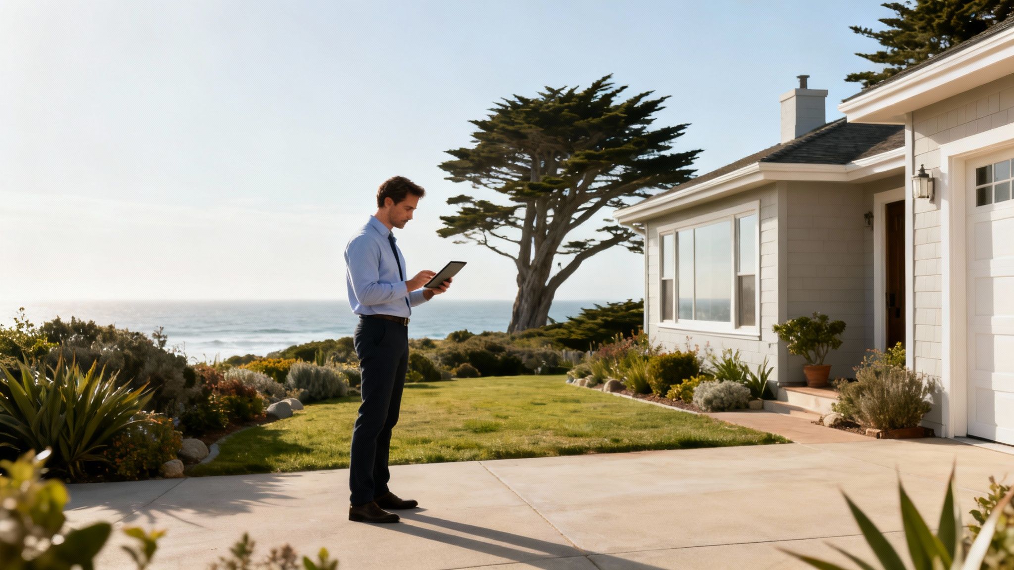Professional man using a tablet to inspect a coastal house property by the ocean.