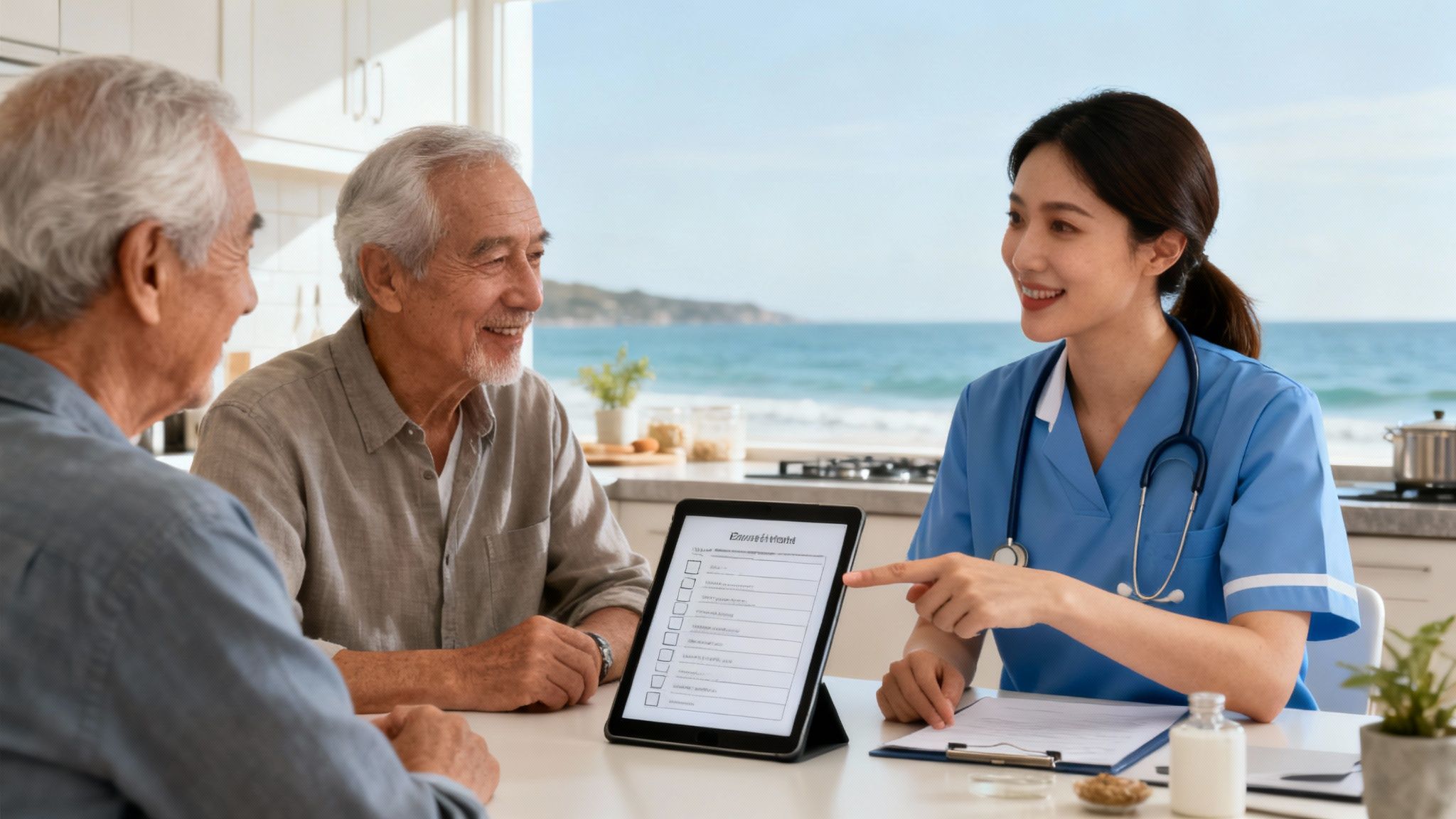 A friendly nurse assists two senior men with a digital health checklist in a home setting by the sea.