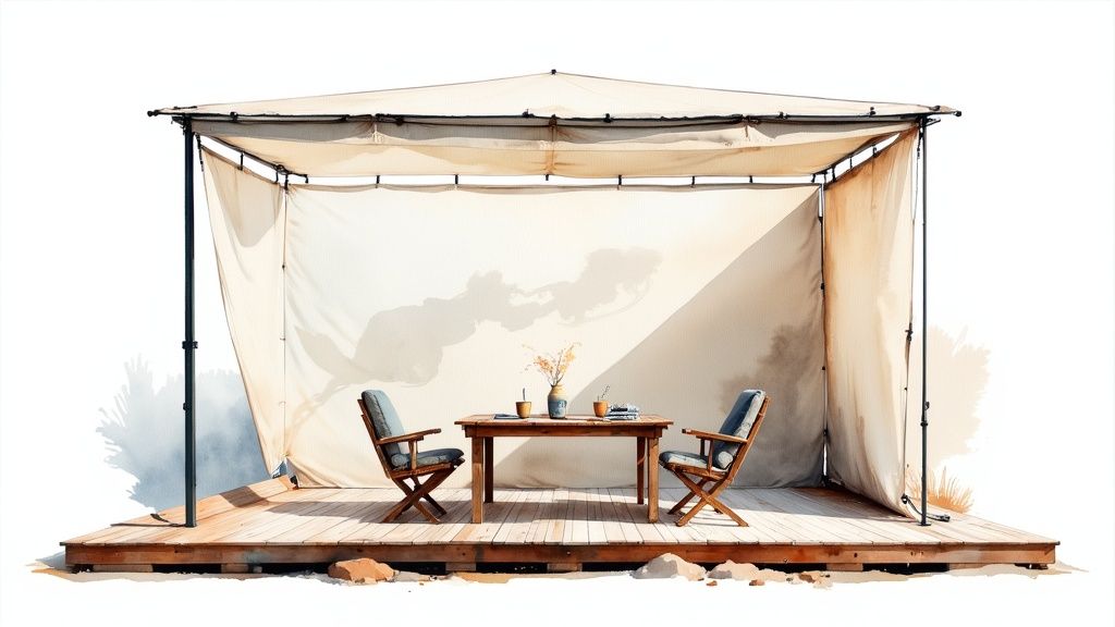 A serene outdoor dining area with a wooden table, two chairs, and a canvas canopy on a deck.