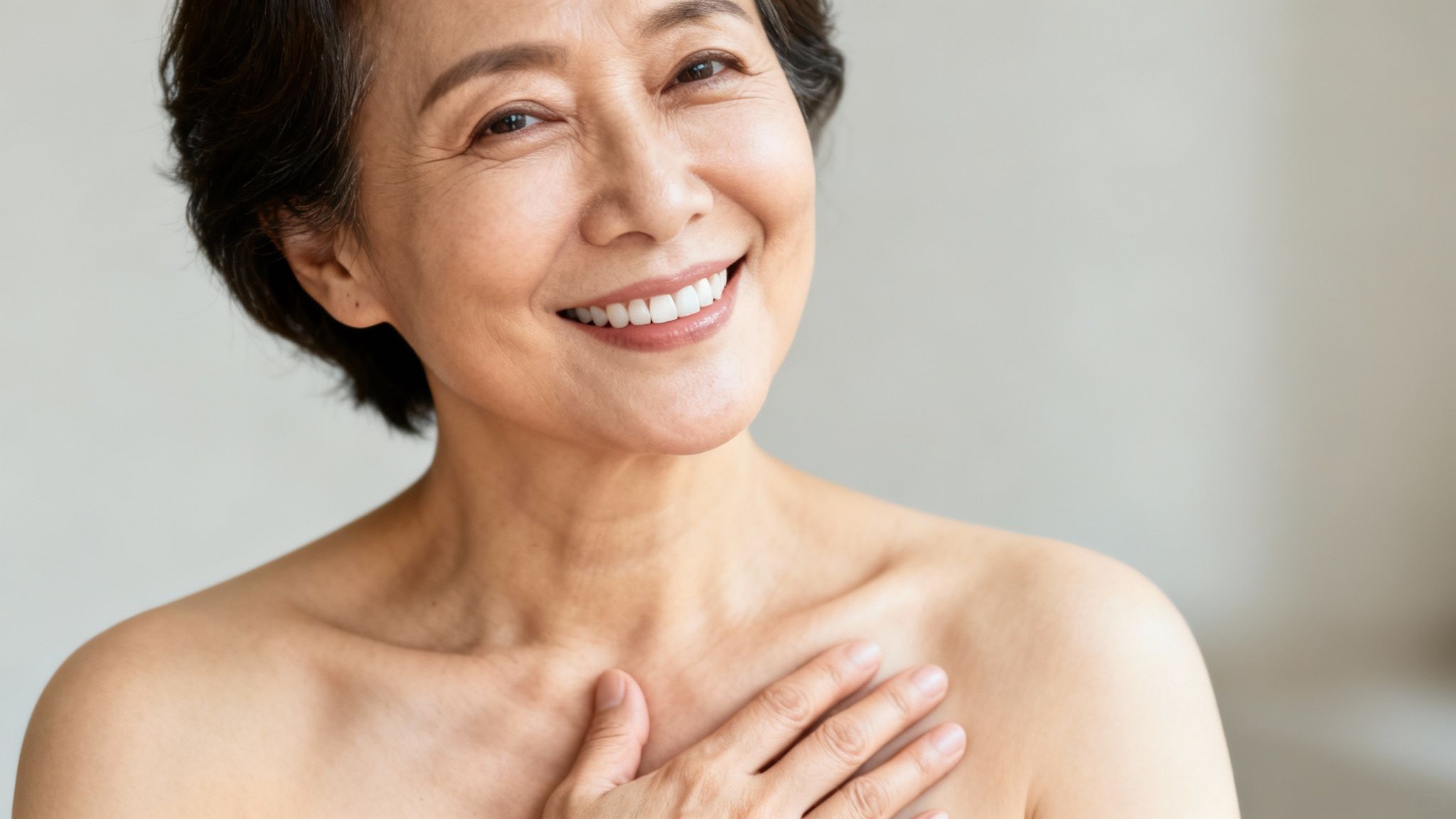A smiling senior Asian woman with radiant skin and short dark hair, placing her hand on her chest.