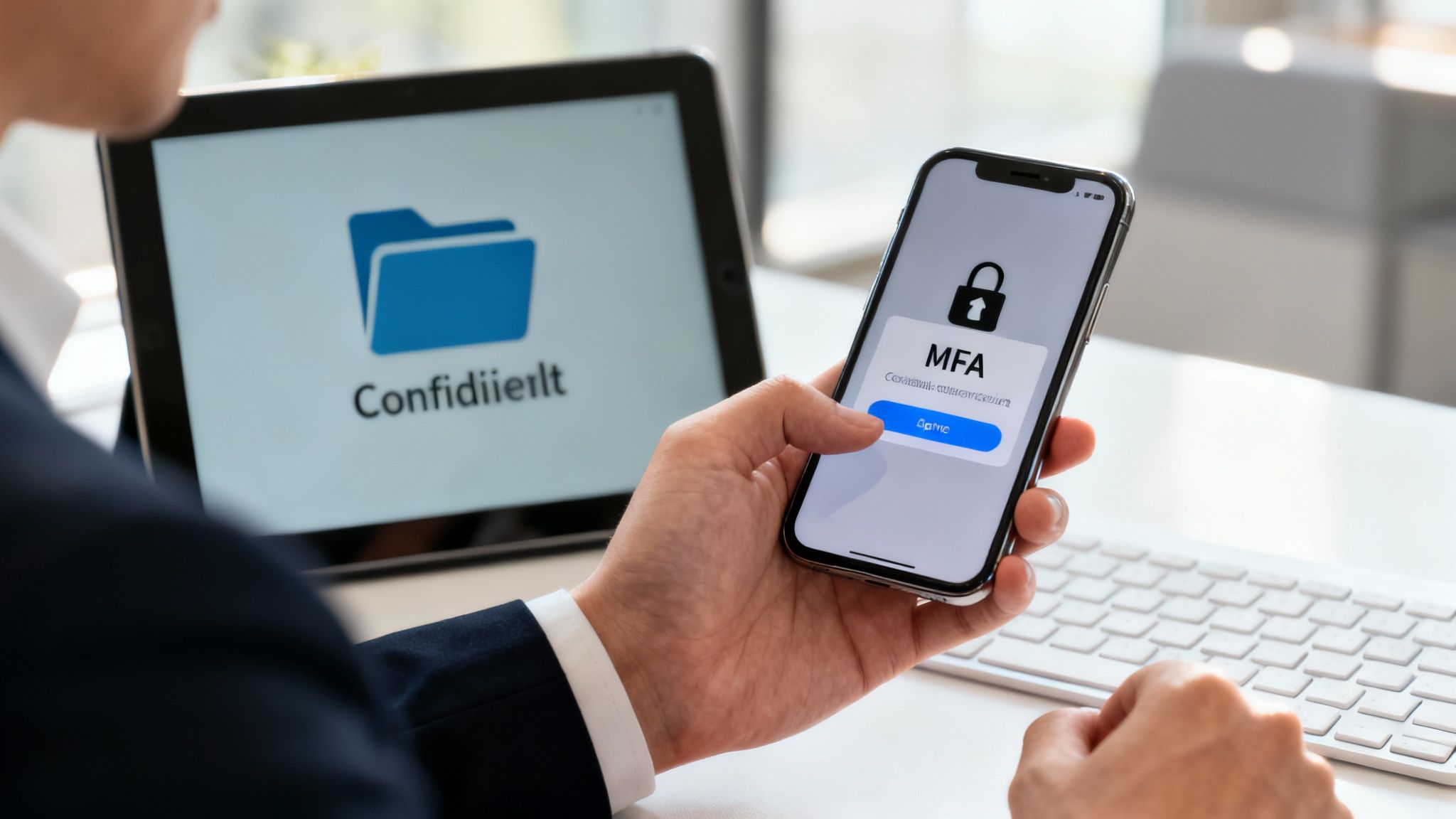 A diagram showing a central lock icon connected to multiple user and device icons, representing centralized access control.