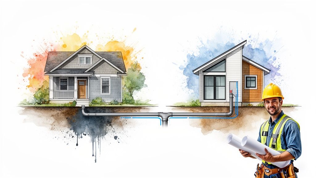 Watercolor image of two homes with underground pipes and a smiling plumber holding blueprints.