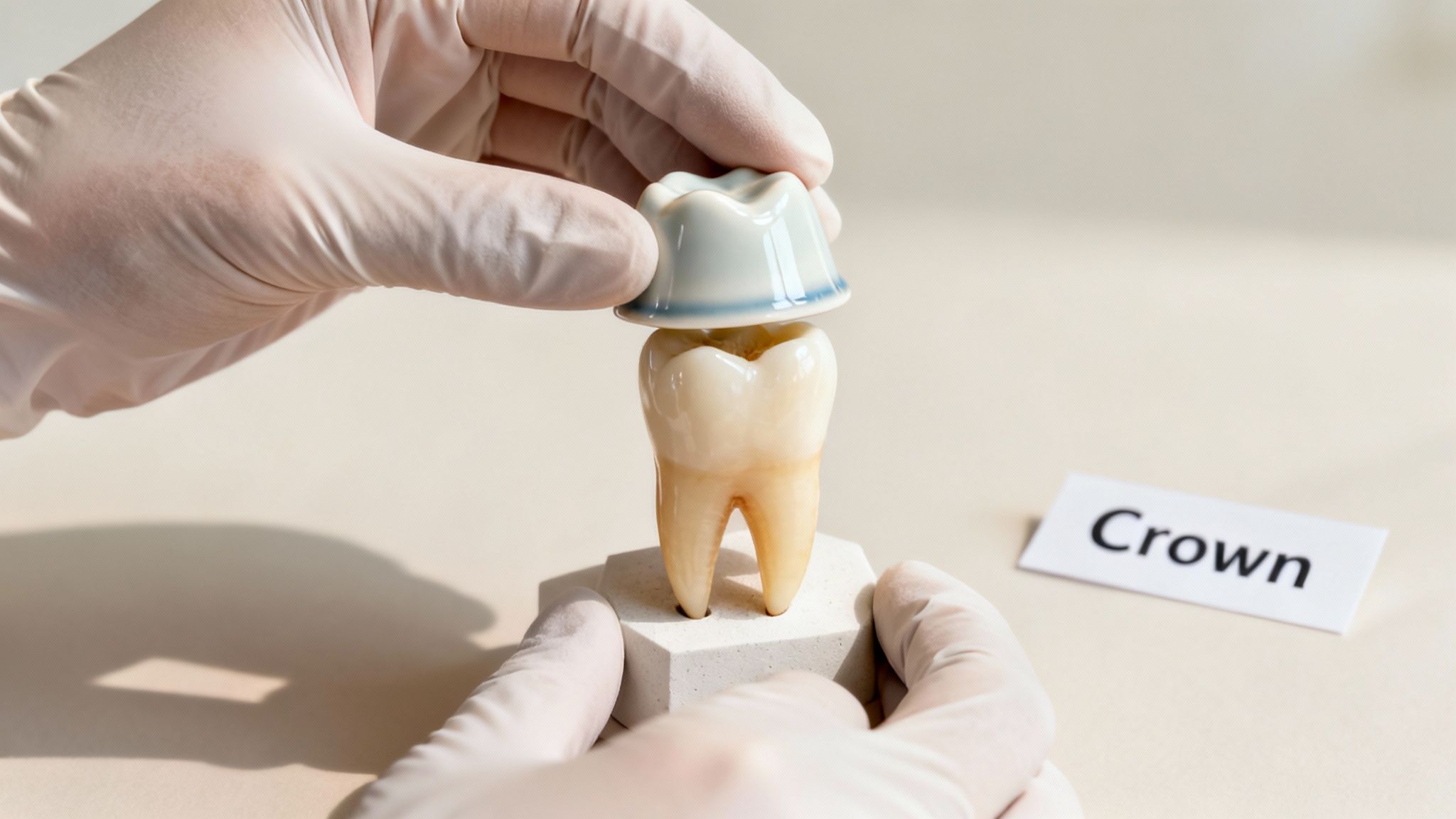 A gloved person demonstrates a dental crown being placed onto a tooth model, with a 'Crown' label nearby.