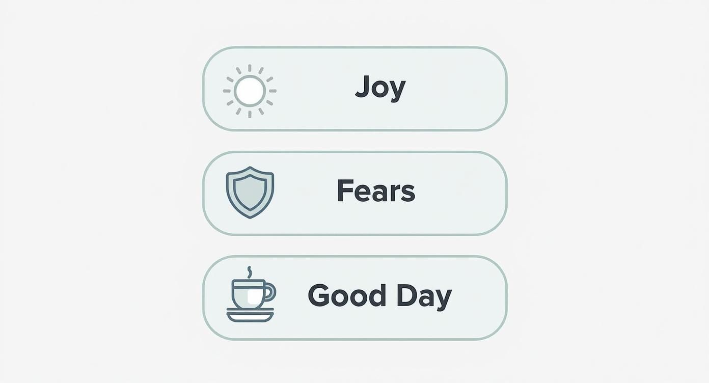 An infographic showing three icons in a vertical stack to represent conversation starters: a sun for 'Joy,' a shield for 'Fears,' and a coffee cup for 'A Good Day.'