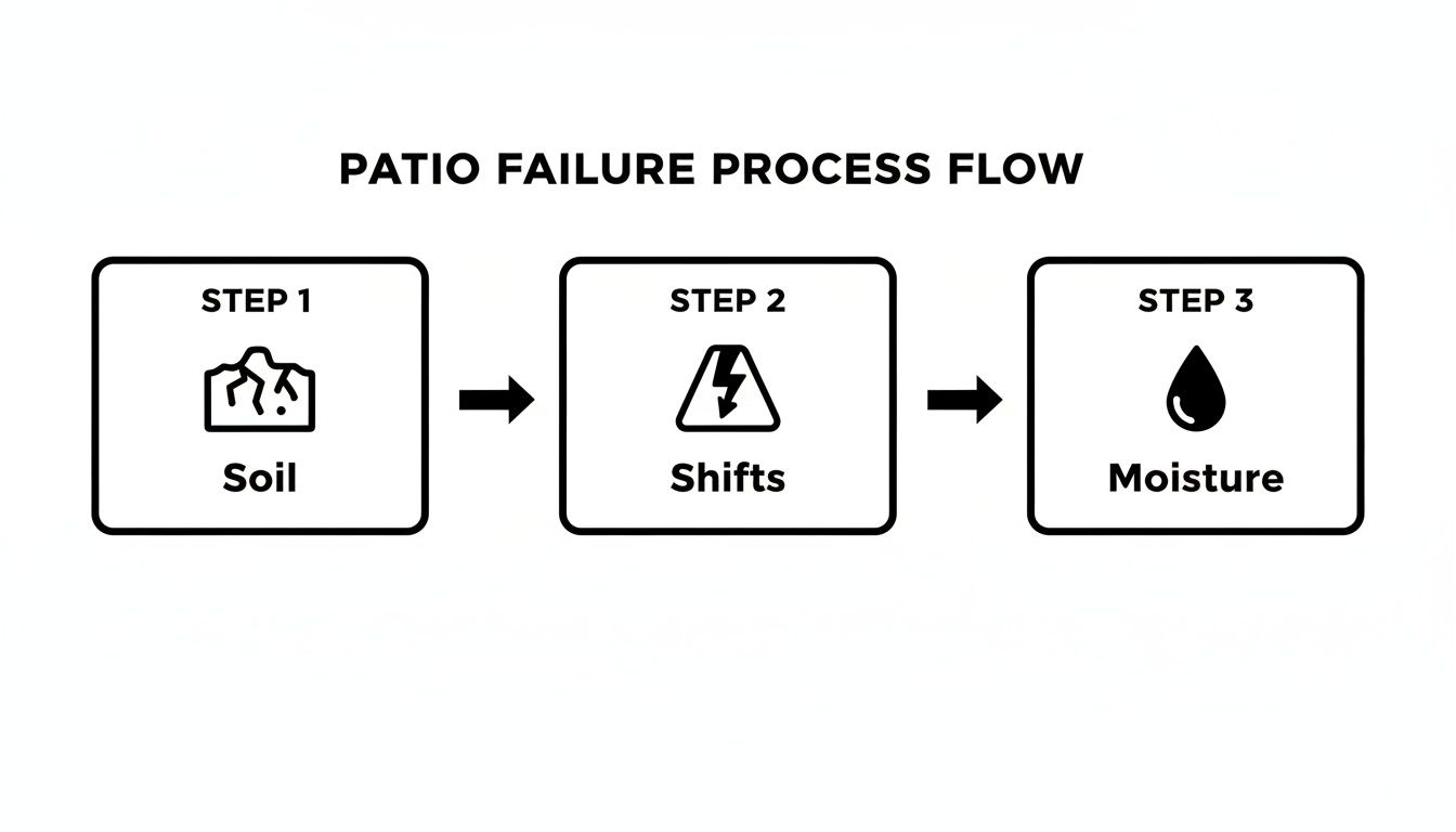 Flowchart illustrating the three-step patio failure process: soil instability, ground shifts, and moisture infiltration.