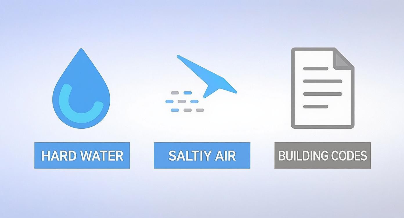 Three icons showing hard water droplet, salty air, and building codes affecting plumbing systems