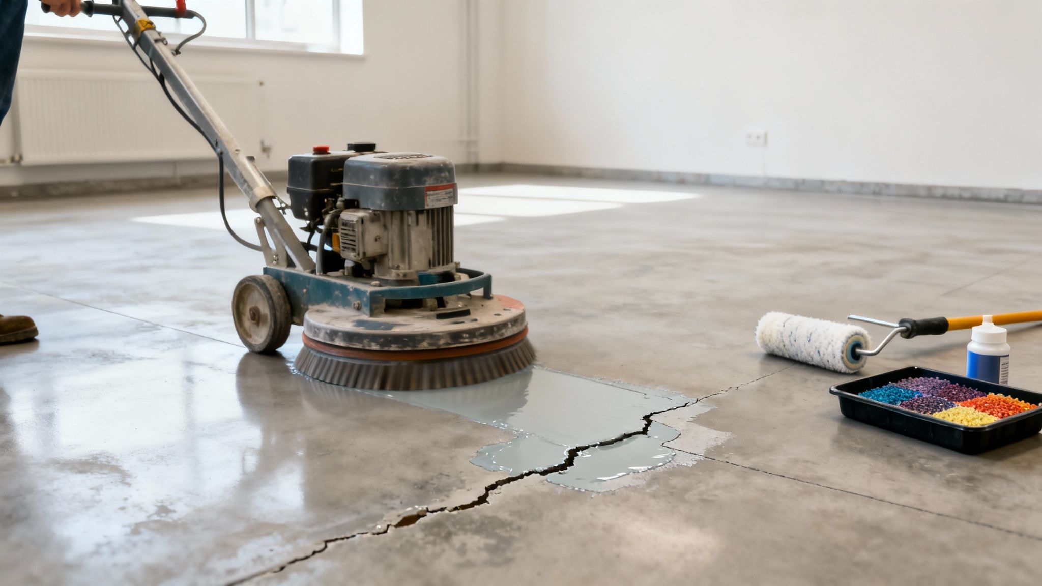 A professional applying a commercial floor coating with a roller.